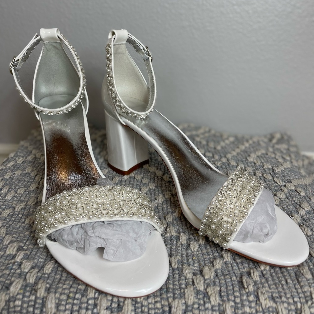 Women’s Patent Leather Ivory Heels with Pearl + Rhinestone Embellishments